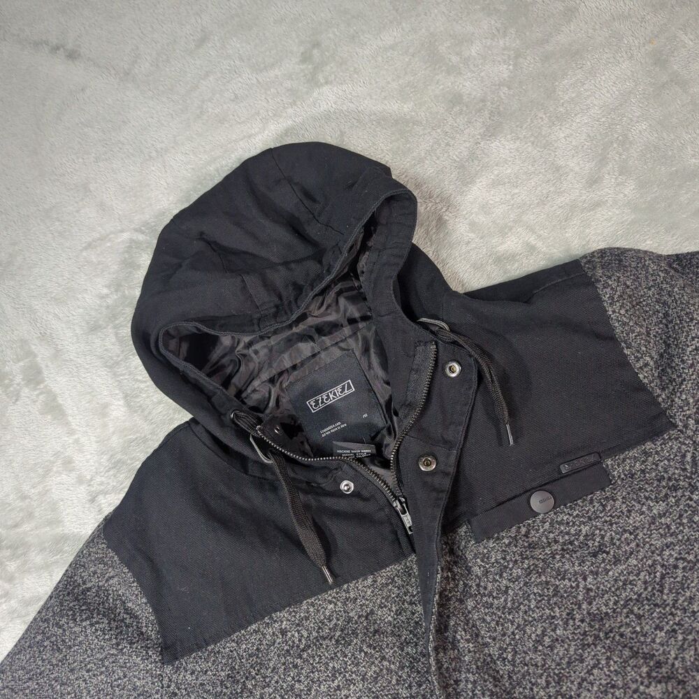 Ezekiel Mens Large Wool Blend Hooded Jacket Charcoal Tweed Canvas Chore Parka